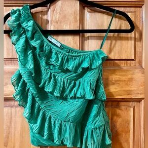 Zara One-Shoulder Ruffle Blouse, Size S